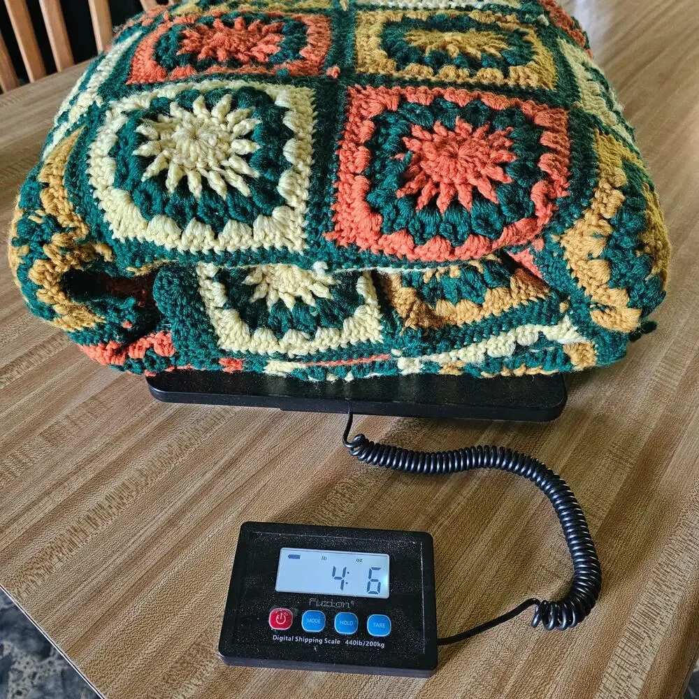 GRANNY SQUARE AFGHAN 4' x 6' Crochet Colorful Puff Balls Scalloped Edge GIFT
